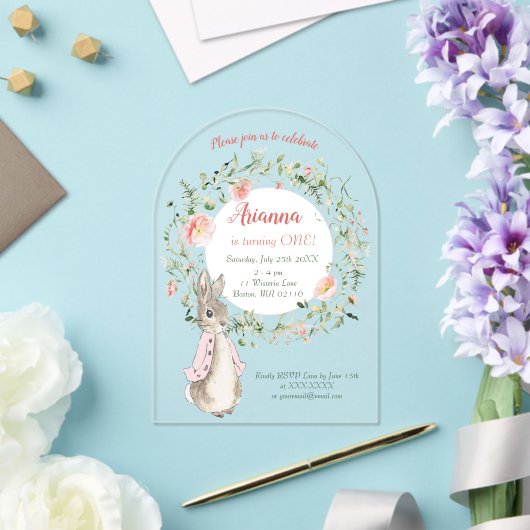 クラシックピンクピーターザラビットフローラ誕生日 アクリル招待状 (インサイチュ (ウェディング))