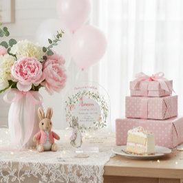 クラシックピンクピーターザラビットフローラ誕生日 アクリル招待状