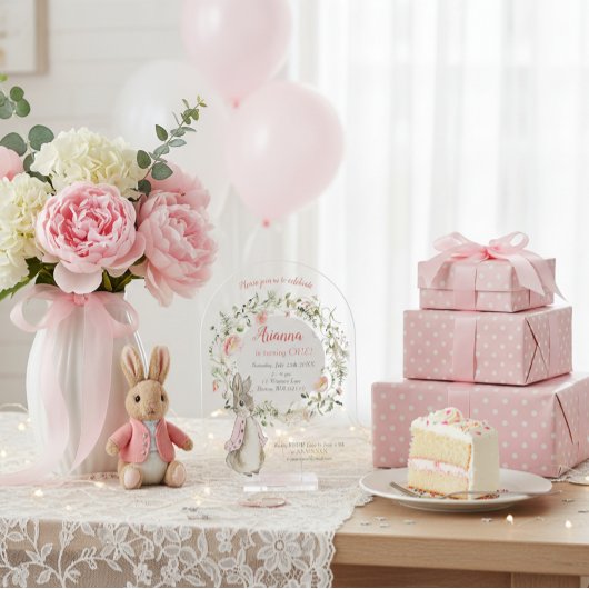 クラシックピンクピーターザラビットフローラ誕生日 アクリル招待状