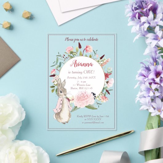 クラシックピンクピーターザラビットフローラ誕生日 アクリル招待状 (インサイチュ (ウェディング))