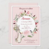 クラシックピンクペーターラビットフローラ誕生日 招待状 (正面/裏面)