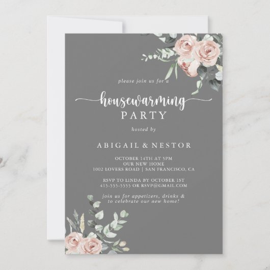 クラシックピンクローズグレー引っ越し祝いパーティーパーティー 招待状 (正面)