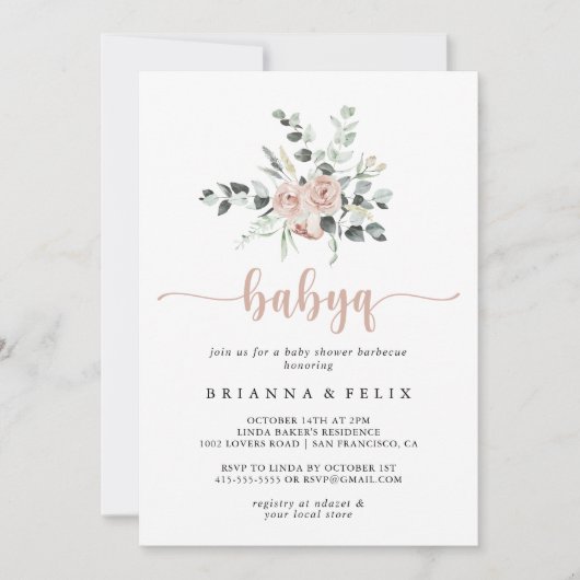 クラシックピンクローズベビーQベビーシャワーバーベキュー 招待状 (正面)