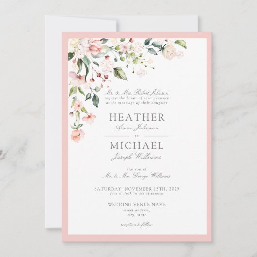 クラシックピーチピンクウォーターフローラ結婚ズ 招待状 (正面)