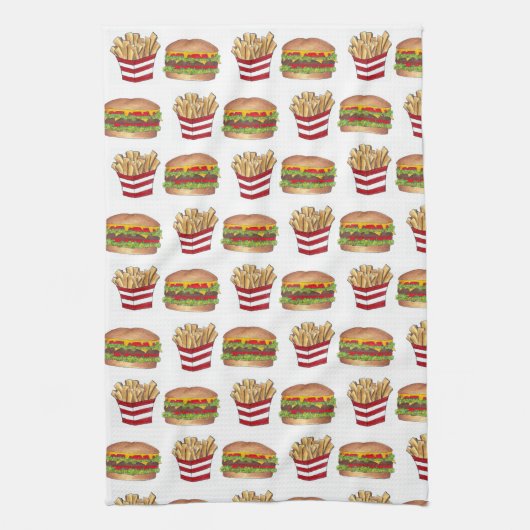 クラシックファストフードペアリングバーガーとフリフランスのーズ キッチンタオル (縦)