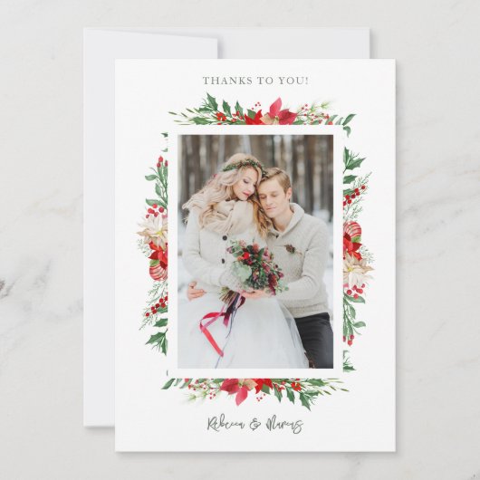 クラシックファンシーChristmas Pointsettiasフレーム写真 サンキューカード (正面)