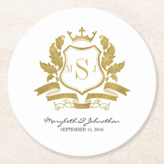 クラシックフェイク金ゴールドクレスト結婚の紙コースター ラウンドペーパーコースター (正面)