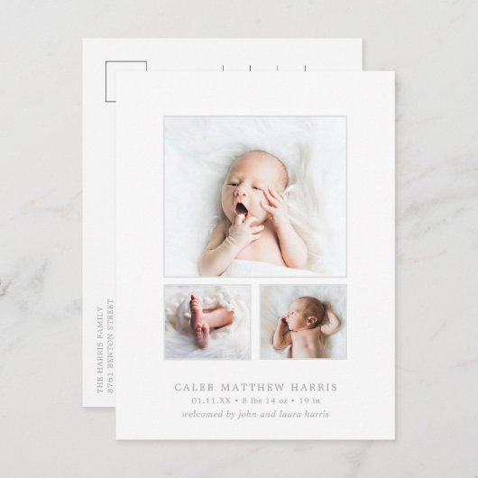 クラシックフォトコラージグレイ男の赤ちゃん誕生 案内ポストカード (正面/裏面)