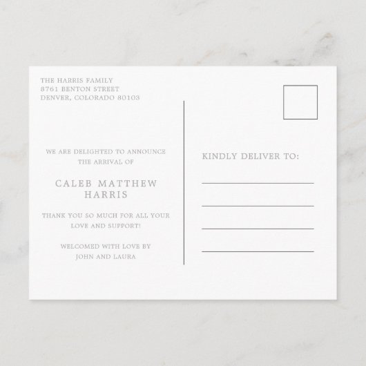 クラシックフォトコラージグレイ男の赤ちゃん誕生 案内ポストカード (裏面)