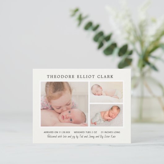 クラシックフォトコラージブルーハンサム男の子誕生安野 ポストカード (スタンド正面)