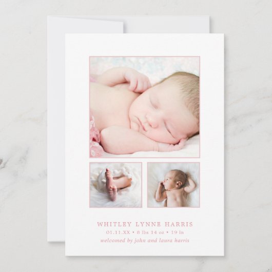 クラシックフォトコラージュピンクベビーガール誕生 案内状 (正面)