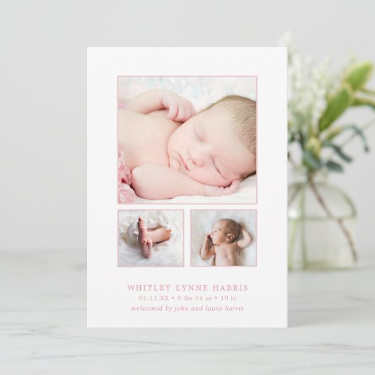 クラシックフォトコラージュピンクベビーガール誕生 案内状 (スタンド正面)