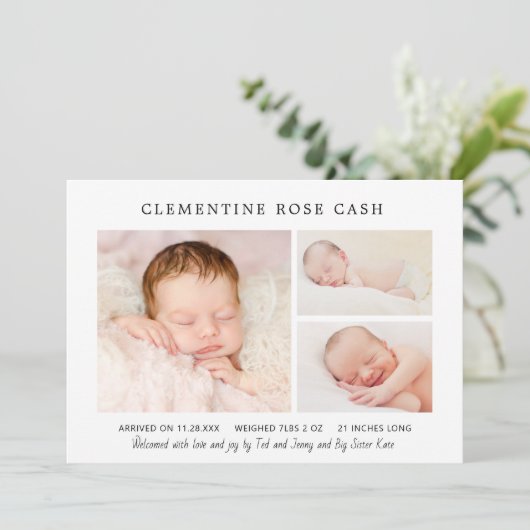 クラシックフォトコラージュピンクベビーガール誕生 案内状 (スタンド正面)