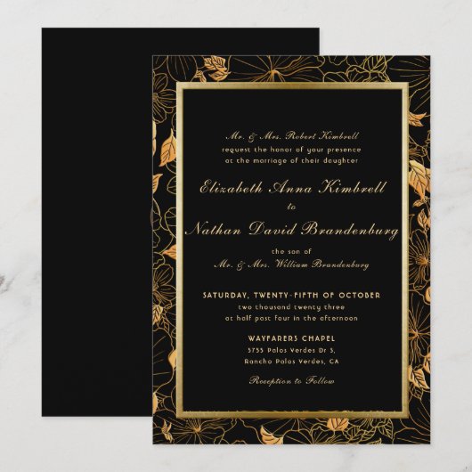 クラシックフォーマルブラック＆ゴールドフラワーフォリアージュウェディング 招待状 (正面/裏面)