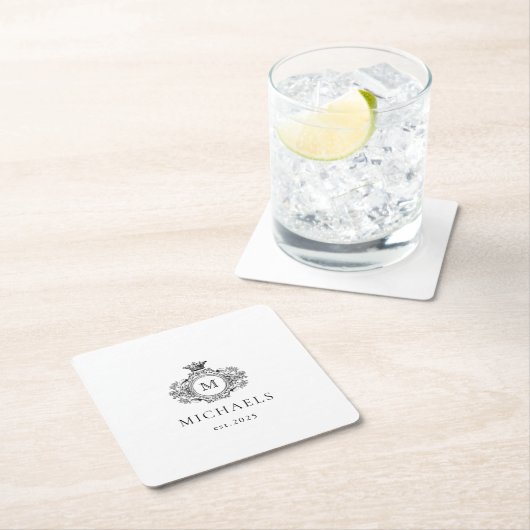 クラシックフォーマルモノグラムクレスト白黒 スクエアペーパーコースター (インサイチュ)