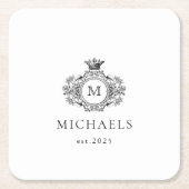 クラシックフォーマルモノグラムクレスト白黒 スクエアペーパーコースター (正面)
