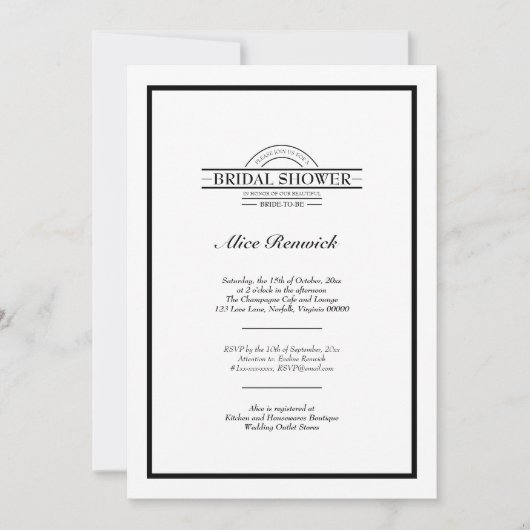 クラシックフォーマル白黒ブライダルシャワー 招待状 (正面)