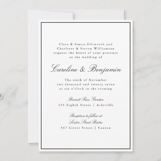 クラシックフォーマル縁どスクリプトエレガントな結婚式 招待状 (正面)
