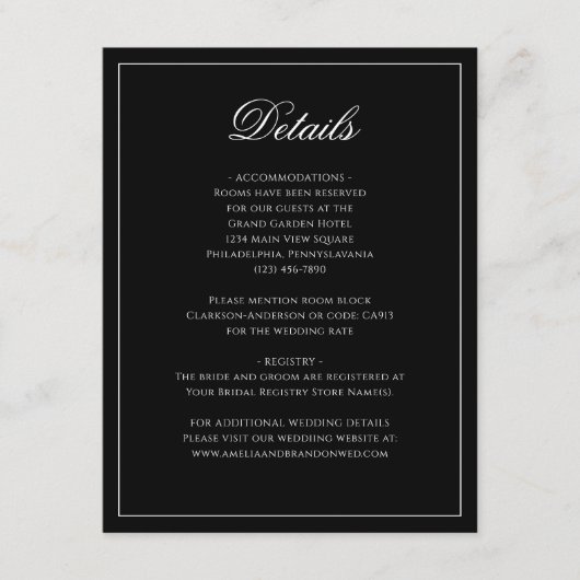 クラシックフォーマル黒と白の結婚詳細 エンクロージャーカード (正面)