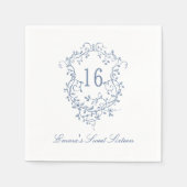 クラシックフランスのブルーフローラクレストスウィート16誕生日 スタンダードカクテルナプキン (正面)