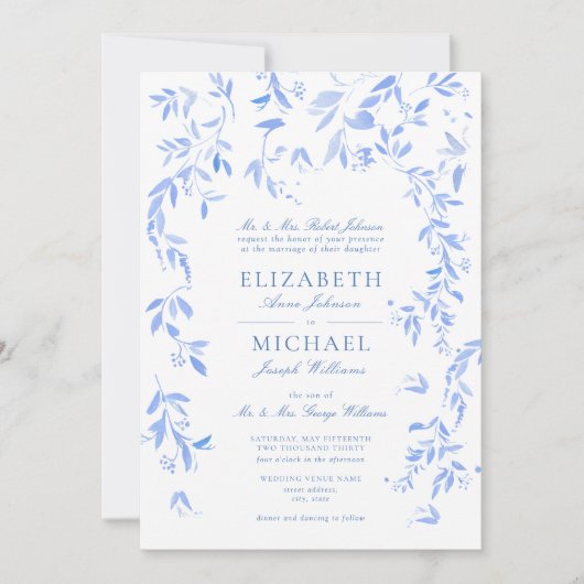 クラシックフランスのブルーフローラ結婚植物学 招待状 (正面)