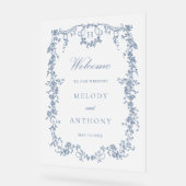 クラシックフランスの青フローラ結婚歓迎 アクリルサイン (傾斜)