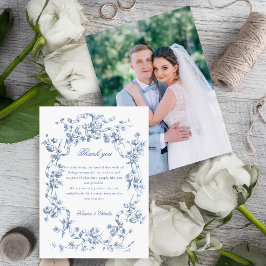 クラシックフレンチブルーの花とリボンの結婚式 サンキューカード