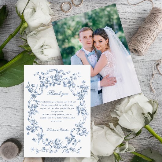 クラシックフレンチブルーの花とリボンの結婚式 サンキューカード