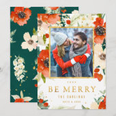 クラシックフローラと金ゴールドクリスマスフォトカード シーズンカード (正面/裏面)