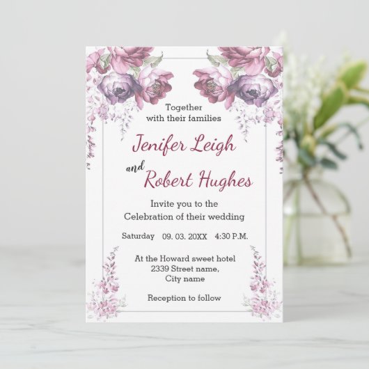 クラシックフローラの紫外とピンク結婚色 招待状 (スタンド正面)