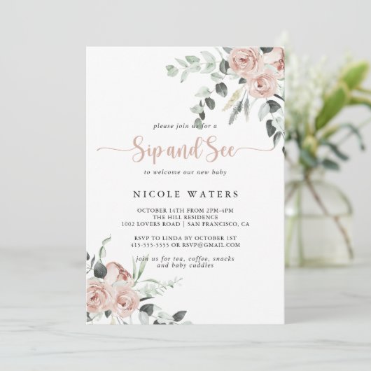 クラシックフローラほこりっぽいピンクのローズ酒と見る 招待状 (スタンド正面)