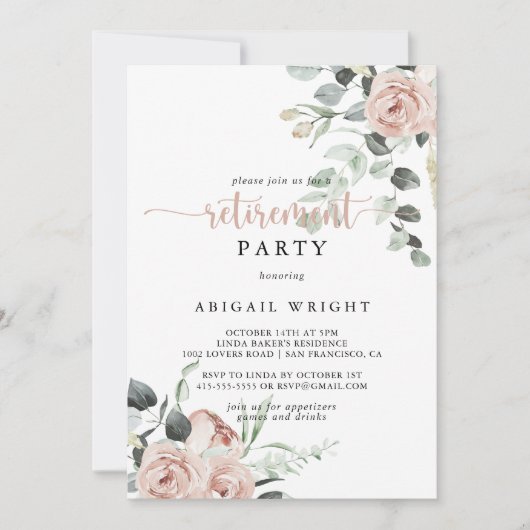 クラシックフローラほこりっぽいピンクローズパーティー 招待状 (正面)