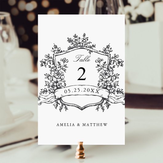 クラシックフローラクレストブラック&ホワイト結婚ズ テーブルナンバー
