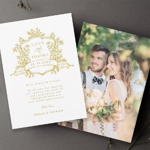 クラシックフローラクレスト金ゴールド結婚の写真 サンキューカード