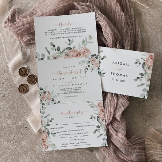 クラシックフローラダスティピンクローズ結婚ズ 三つ折り招待状