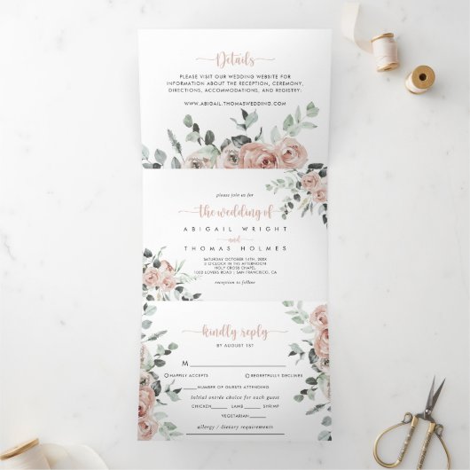 クラシックフローラダスティピンクローズ結婚ズ 三つ折り招待状 (内部)