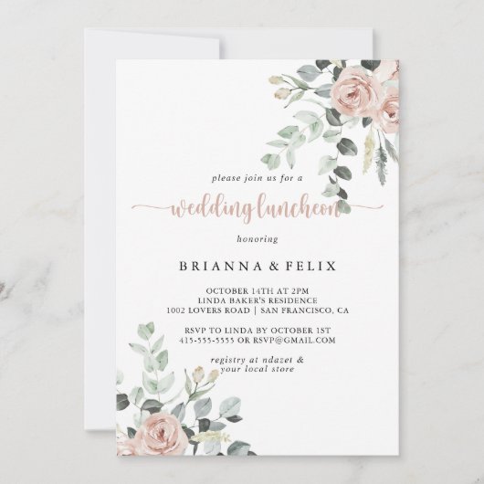 クラシックフローラダスティピンクローズ結婚ランチ 招待状 (正面)