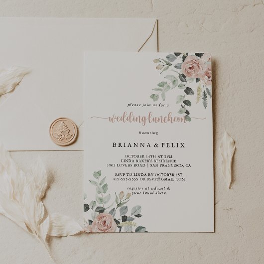 クラシックフローラダスティピンクローズ結婚ランチ 招待状
