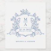 クラシックフローラダスティブルークレストモノグラム結婚ズ ワインラベル (シングルラベル)