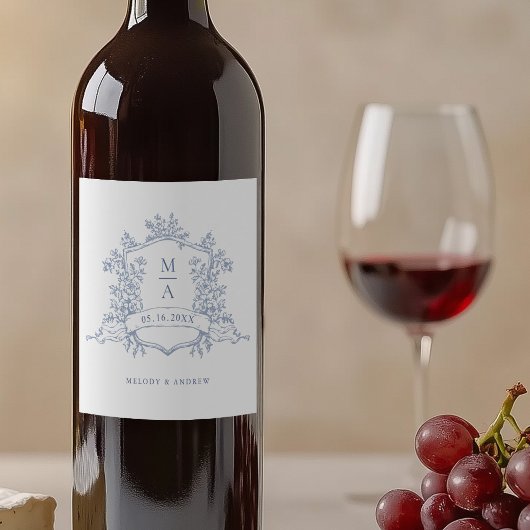 クラシックフローラダスティブルークレストモノグラム結婚ズ ワインラベル