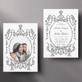 クラシックフローラフレーム黒と白結婚の写真 招待状