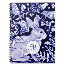 クラシックフローラブルー&ホワイトラビット&バードモノグラム