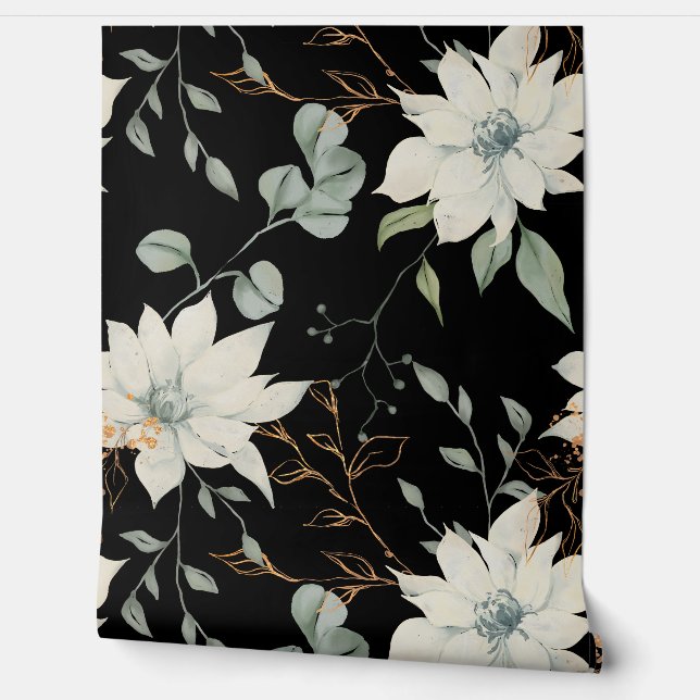 クラシックフローラホワイトボタニカルオンブラック 壁紙 (ほどく)