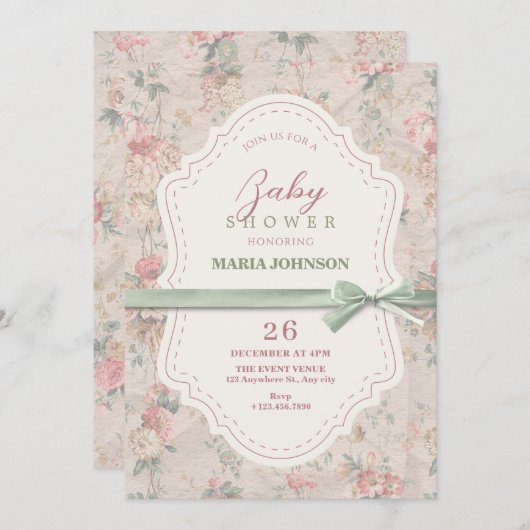 クラシックフローラボーフェミニンヴィンテージベイビーシャワー 招待状 (正面/裏面)