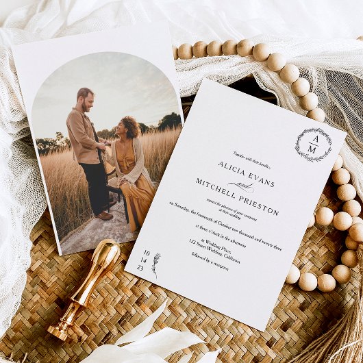 クラシックフローラモノグラム結婚ブラックのアーチ写真 招待状