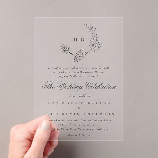 クラシックフローラリースモノグラ結婚ムズ アクリル招待状 (インサイチュ (ポータブル))