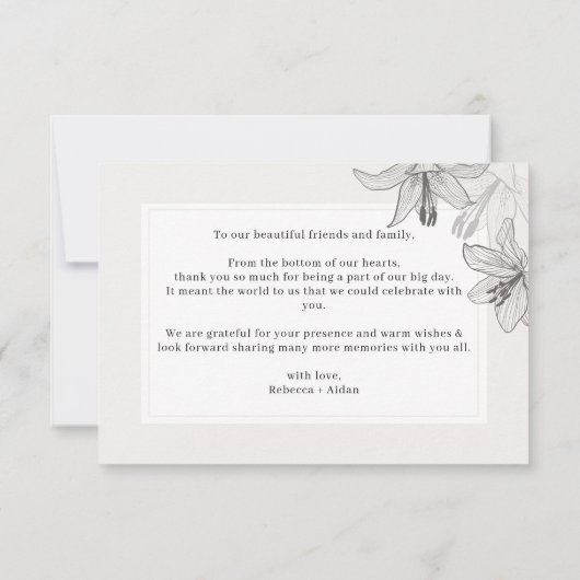 クラシックフローラ図解入りの、写真付きのリリー サンキューカード (裏面)