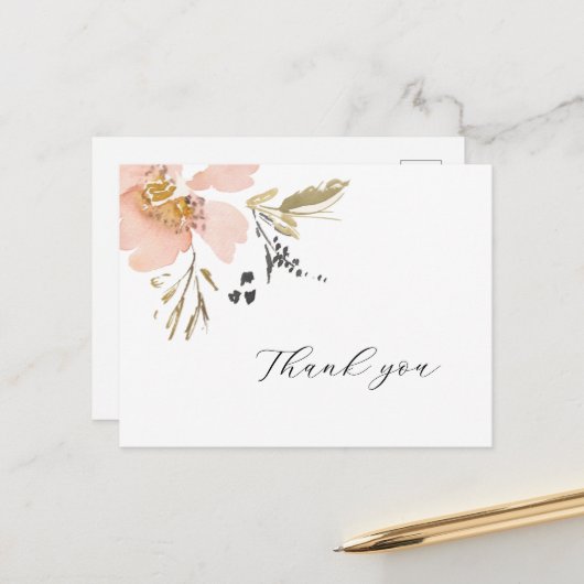 クラシックフローラ水色スクリプトサンキューカード ポストカード (正面/裏面インサイチュ)