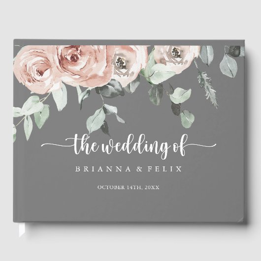 クラシックフローラ灰色の埃っぽいピンク色のローズ結婚ズ ゲストブック (正面)