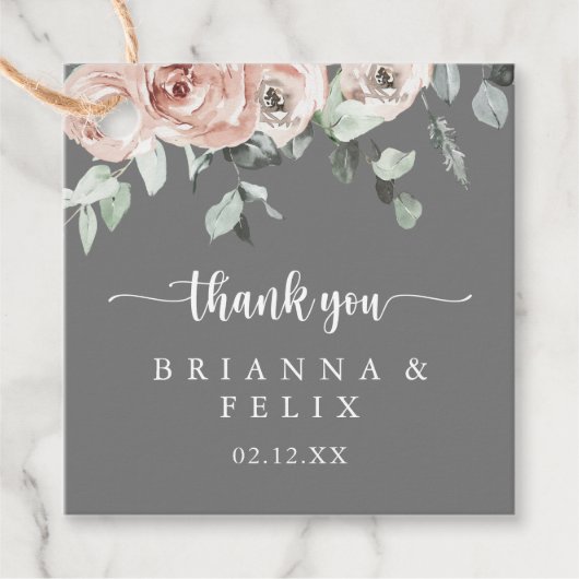 クラシックフローラ灰色の埃っぽいピンク色のローズ結婚ズ フェイバータグ (正面)